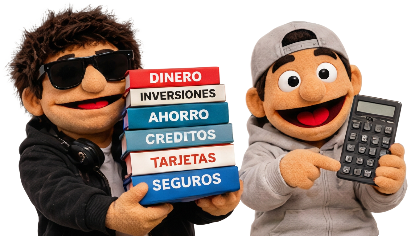 Tino con libros de dinero y Tado con una calculadora